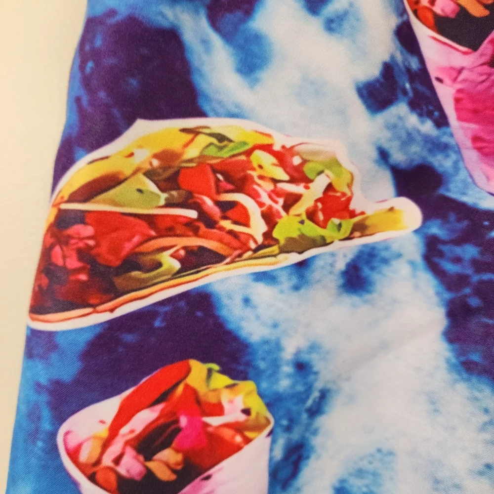 Cat riding a llama taco burrito print fully lined swim shorts men's size small